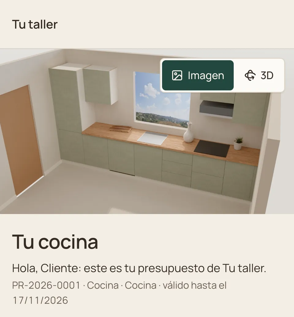 Captura del portal del cliente en un iPhone: el render de la cocina con los botones «Imagen» y «3D» y, debajo, el saludo al cliente con el número del presupuesto y su validez.